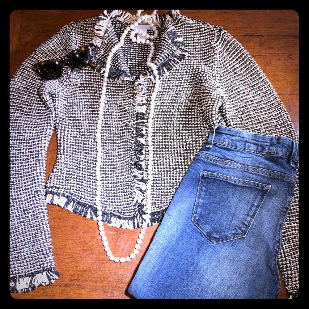 Chanel style sweater jacket, tweed and gold thread